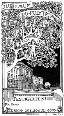 Festkarte zu den Jubiläums-Feierlichkeiten von 1905: In den ersten fünfzig Jahren wuchs am Polytechnikum ein weit verzweigter Disziplinenbaum heran.