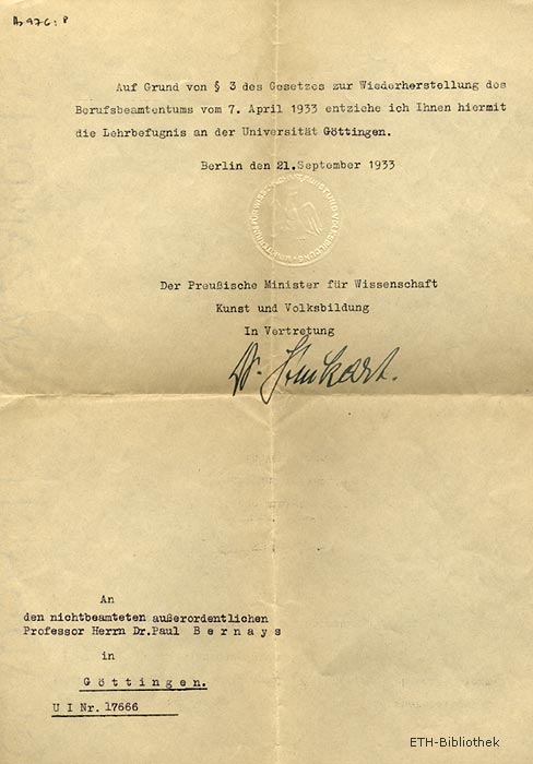 Entzug der Lehrbefugnis für Paul Bernays durch den preussischen Minister für Wissenschaft, Kunst und Volksbildung vom 21. September 1933.